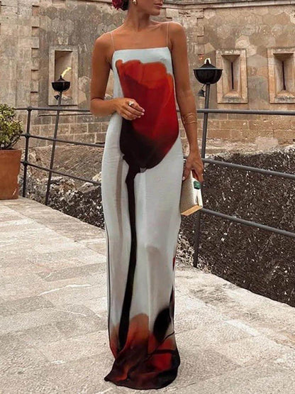 Abstract Tulip Print Vacation Slip H-Line Maxi Dress