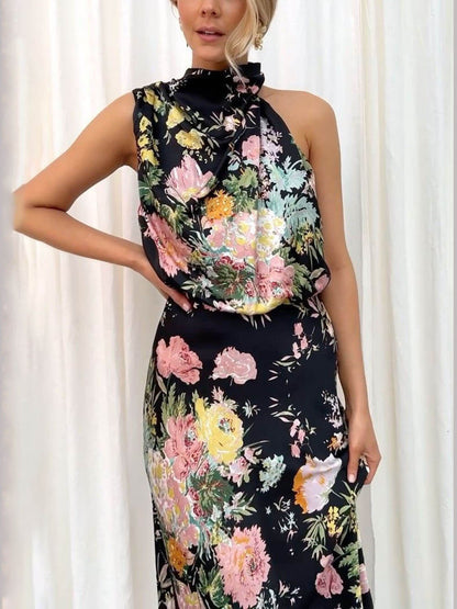 Halter Neck Floral Elastic Waist Maxi Dress