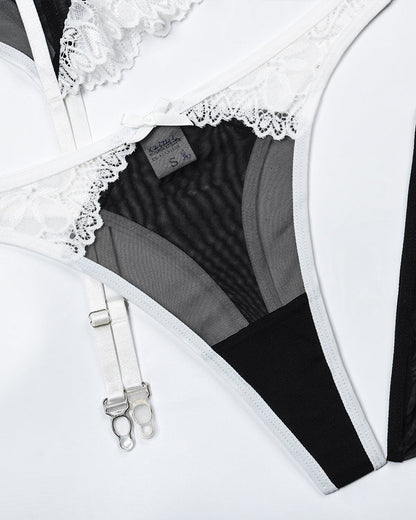 Phantom Dusk Sexy Heart Flower Lace Mesh Splicing Colorblock Fun Lingerie Set