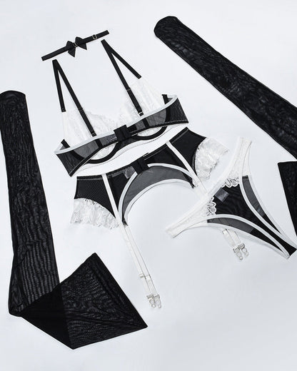 Phantom Dusk Sexy Heart Flower Lace Mesh Splicing Colorblock Fun Lingerie Set