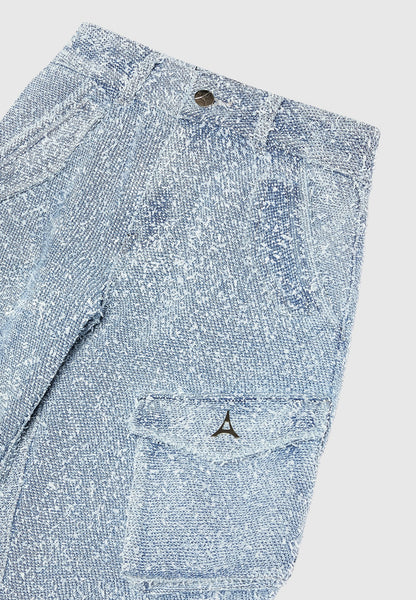 High Waisted Boucle Denim Cargo Pants