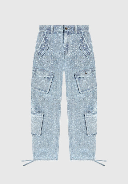 High Waisted Boucle Denim Cargo Pants