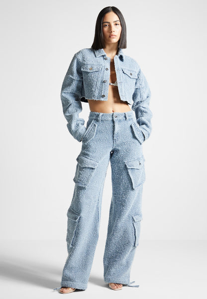 High Waisted Boucle Denim Cargo Pants