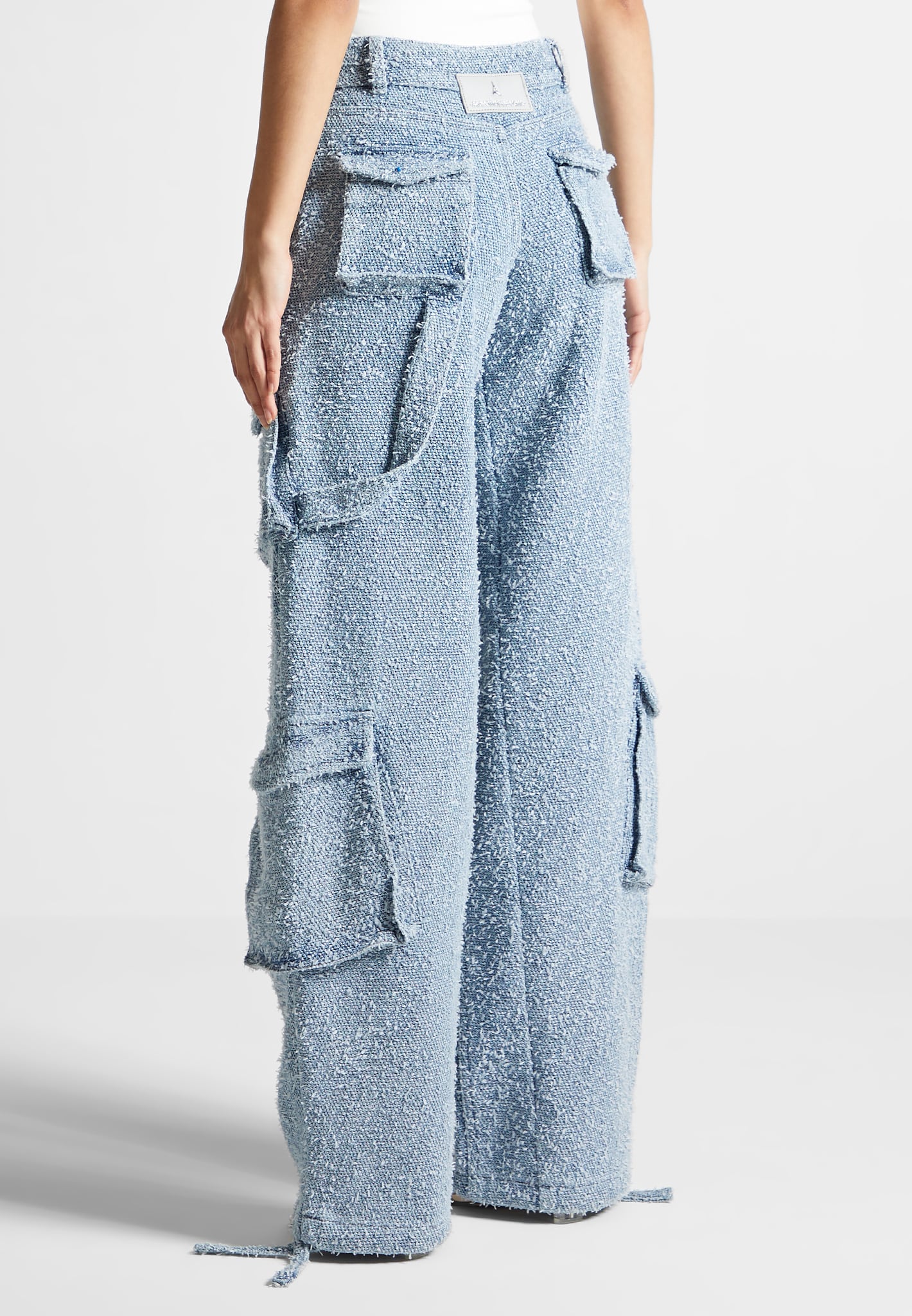 High Waisted Boucle Denim Cargo Pants