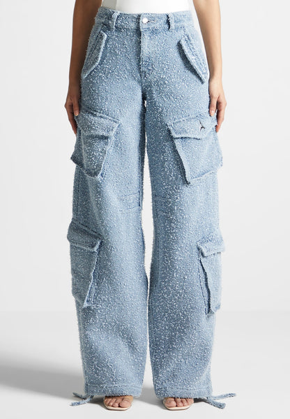 High Waisted Boucle Denim Cargo Pants