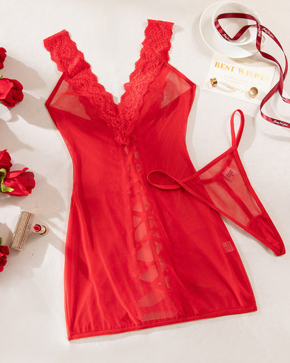 Shadow Black  Deep V Lace Mesh Tie-up See-Through Nightdress Set