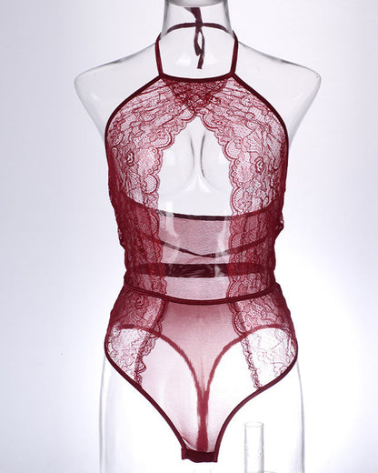 Twilight Drift Sexy Lace Mesh Openwork Halter Bodysuit