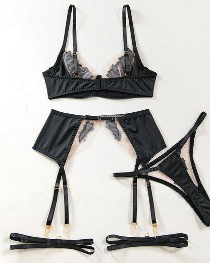 Iron Eclipse Sexy Mesh See-Through Flower Embroidery Push-Up Bra Sexy Lingerie Set