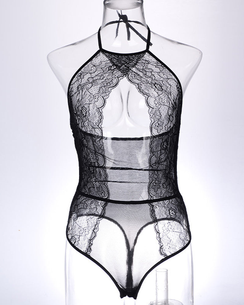 Twilight Drift Sexy Lace Mesh Openwork Halter Bodysuit