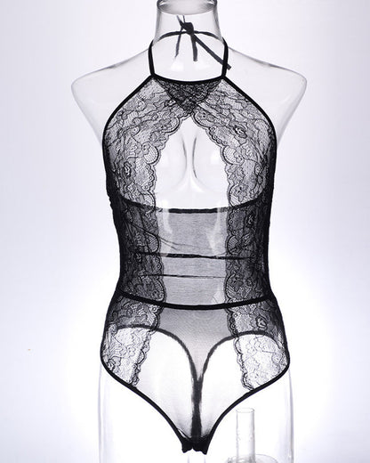 Twilight Drift Sexy Lace Mesh Openwork Halter Bodysuit