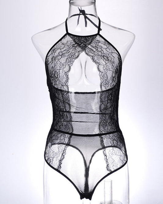 Twilight Drift Sexy Lace Mesh Openwork Halter Bodysuit