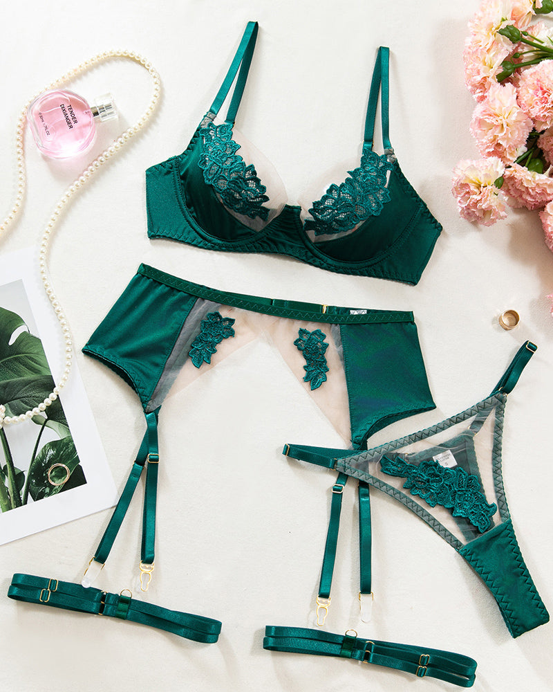 Iron Eclipse Sexy Mesh See-Through Flower Embroidery Push-Up Bra Sexy Lingerie Set