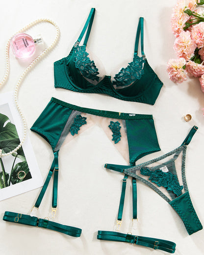 Iron Eclipse Sexy Mesh See-Through Flower Embroidery Push-Up Bra Sexy Lingerie Set