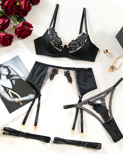 Iron Eclipse Sexy Mesh See-Through Flower Embroidery Push-Up Bra Sexy Lingerie Set