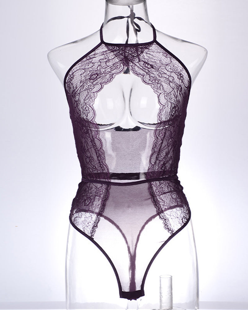 Twilight Drift Sexy Lace Mesh Openwork Halter Bodysuit