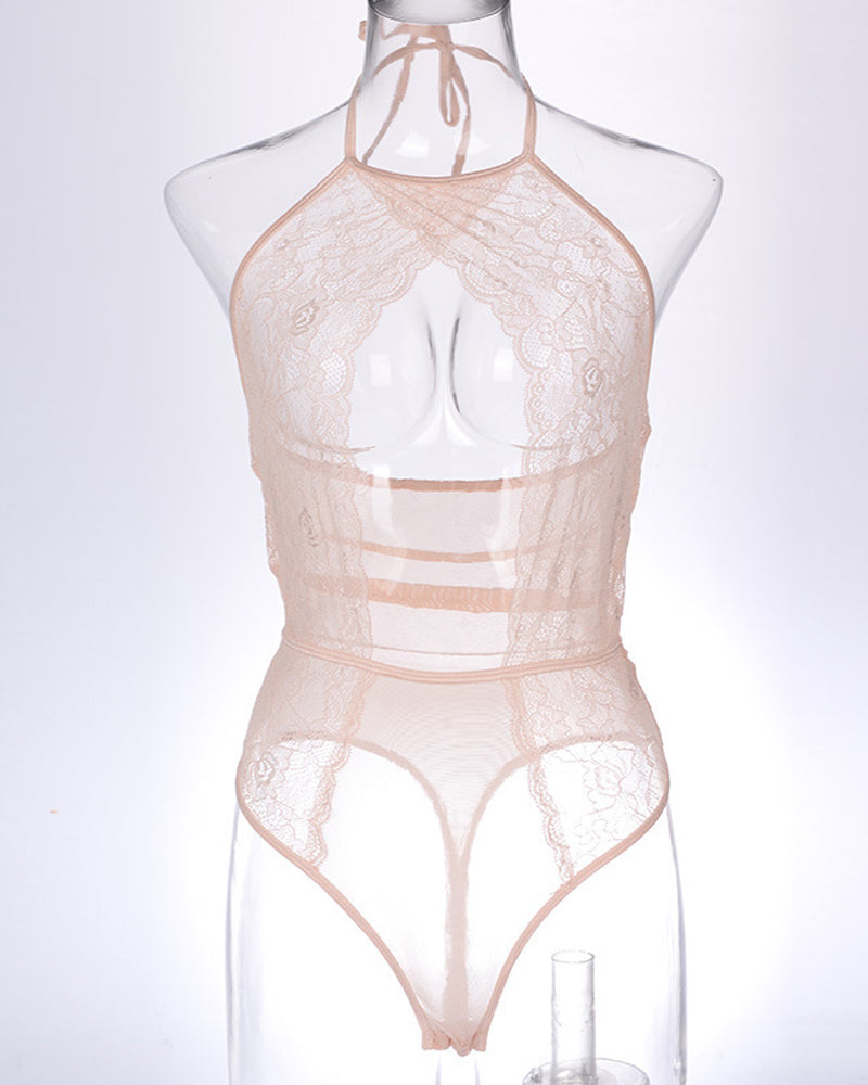 Twilight Drift Sexy Lace Mesh Openwork Halter Bodysuit