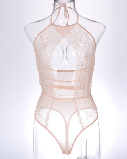 Twilight Drift Sexy Lace Mesh Openwork Halter Bodysuit