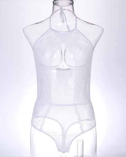 Twilight Drift Sexy Lace Mesh Openwork Halter Bodysuit