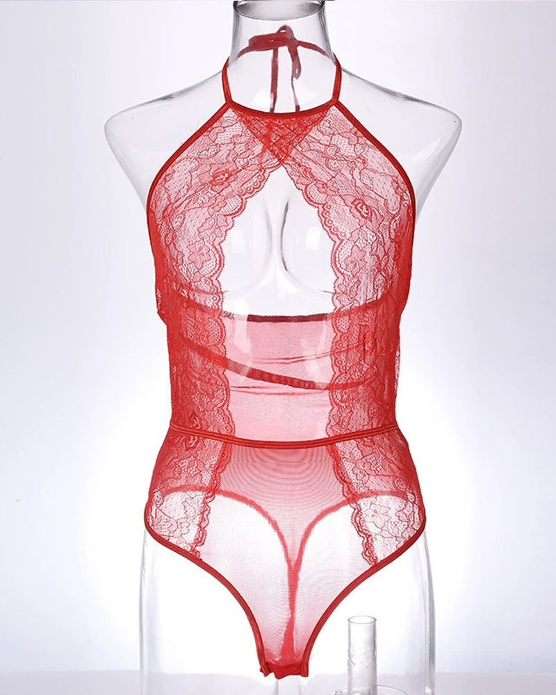 Twilight Drift Sexy Lace Mesh Openwork Halter Bodysuit