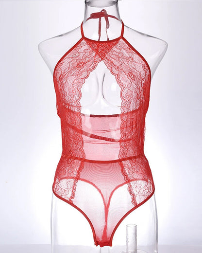 Twilight Drift Sexy Lace Mesh Openwork Halter Bodysuit