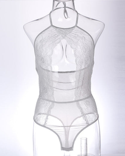 Twilight Drift Sexy Lace Mesh Openwork Halter Bodysuit